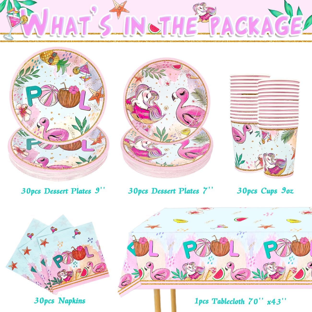 Summer Pool Party Decorations- 121PCS Pink Pool Plates and Napkins Set Beach Party Cups Tablecloths Flamingos Unicorns