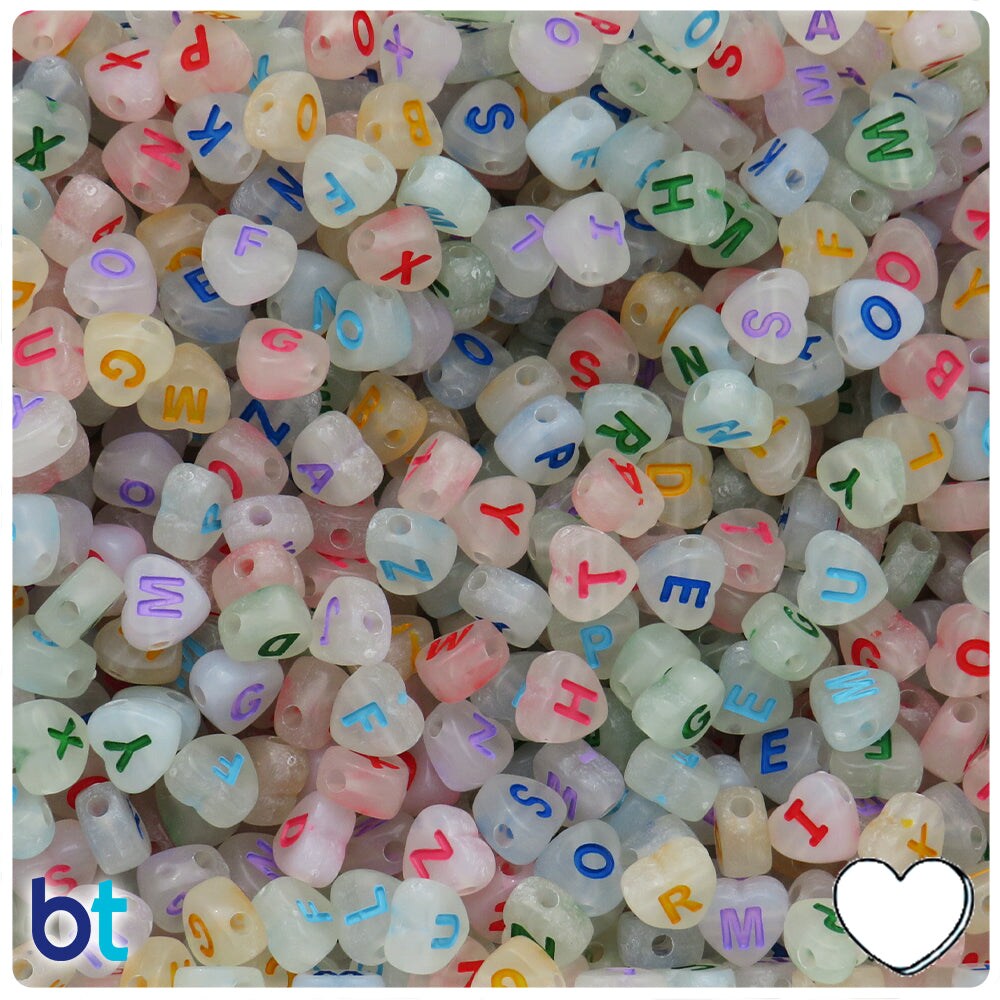 BeadTin Luminous 7mm Heart Plastic Alpha Beads - Colored Letter Mix (250pcs)