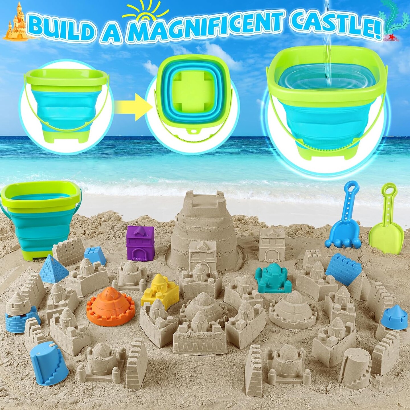 Summer Beach Toys, 45Pcs Farm Playset, Collapsible Sand Toys with Sand Buckets and Tractor Toy Set, Sand Castle Building Kit, Farm Toys, Animal Toys, Mesh Bag, Travel Beach Toys for Kids Ages 4-8