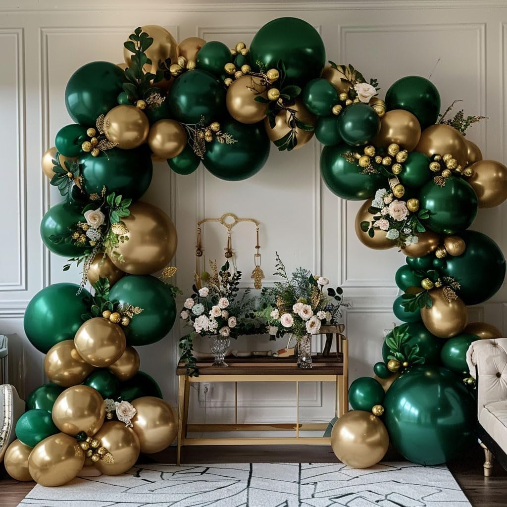 Emerald Green Gold Balloons Garland Double Stuffed Dark Green Metallic Gold Balloons Hunter Forest Green Gold Balloons Arch Kit for Birthday Baby Shower Wedding Christmas Jungle Party Decorations