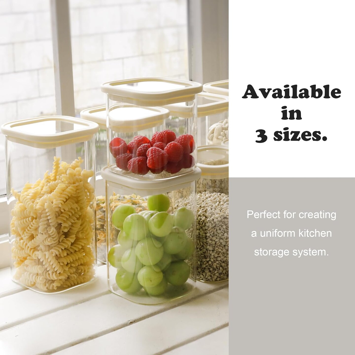 8pcs Square Pantry Glass Jars with Clear Airtight Lids Kitchen Canisters Sets for Flour, Sugar Refrigerator Safe, Available in 2 Sizes: 40oz / 54 oz