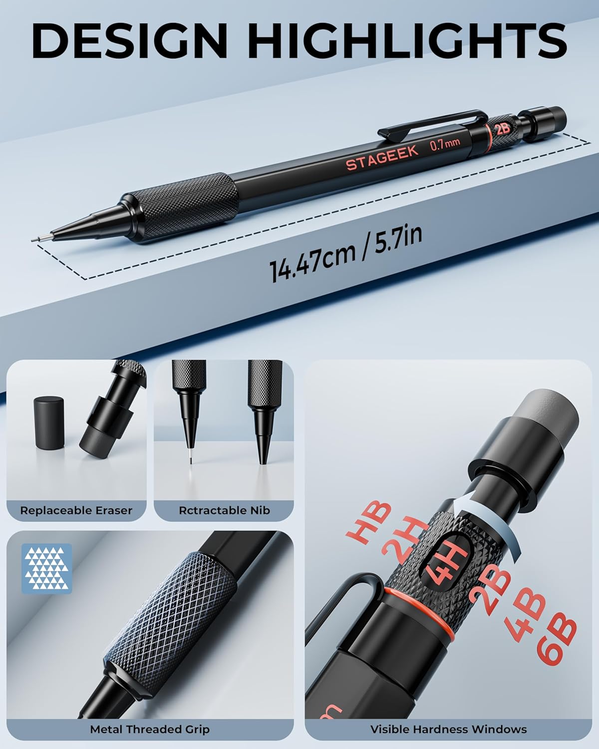 0.7mm Mechanical Pencil Set, 3PCS Metal Mechanical Pencils 0.7mm with 6 Tubes HB & 2B Lead Refills,Erasers, Weatherproof Artist Pencils with Case for Outdoor Writing Drafting Drawing