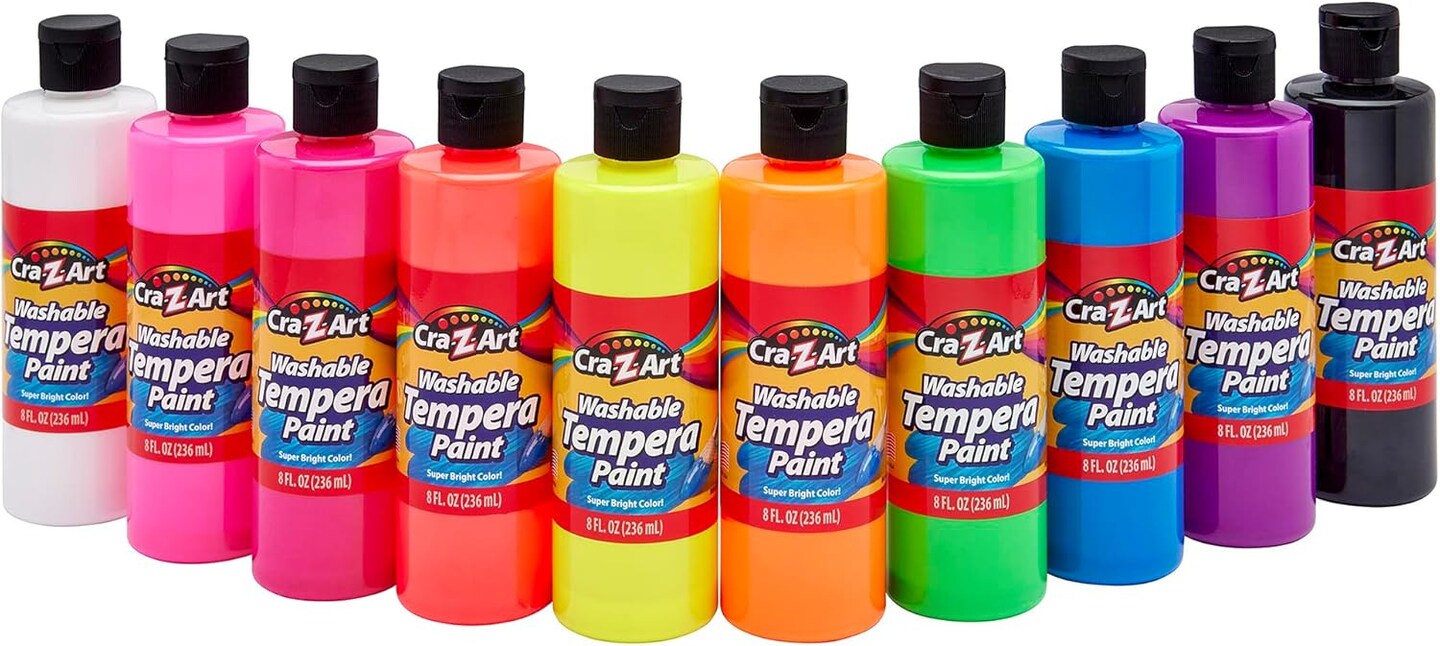 Neon Washable Tempera Paint For Kids Bulk Pack 10ct, Assorted Fluorescent Colors Tempera Paint Set 8oz each bottle