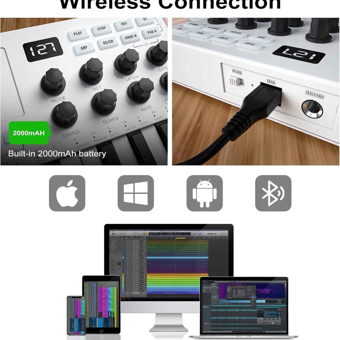 M-WAVE MIDI Keyboard Bluetooth – 25-Key Pad Controller with Drum Pads, Knobs, Software Included