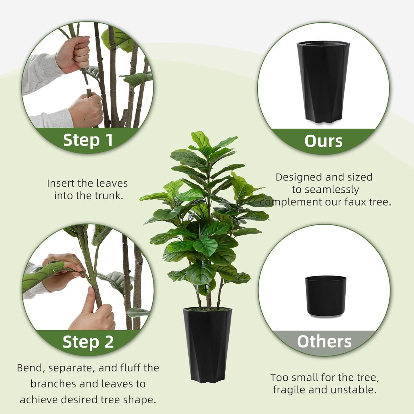 Artificial Fiddle Leaf Fig Plant Indoor 5FT Faux Fig Tree with White Diamond Planter Tall Fake Floor Plant in Pot Artificial Trees for Home Office Living Room Decor Indoor