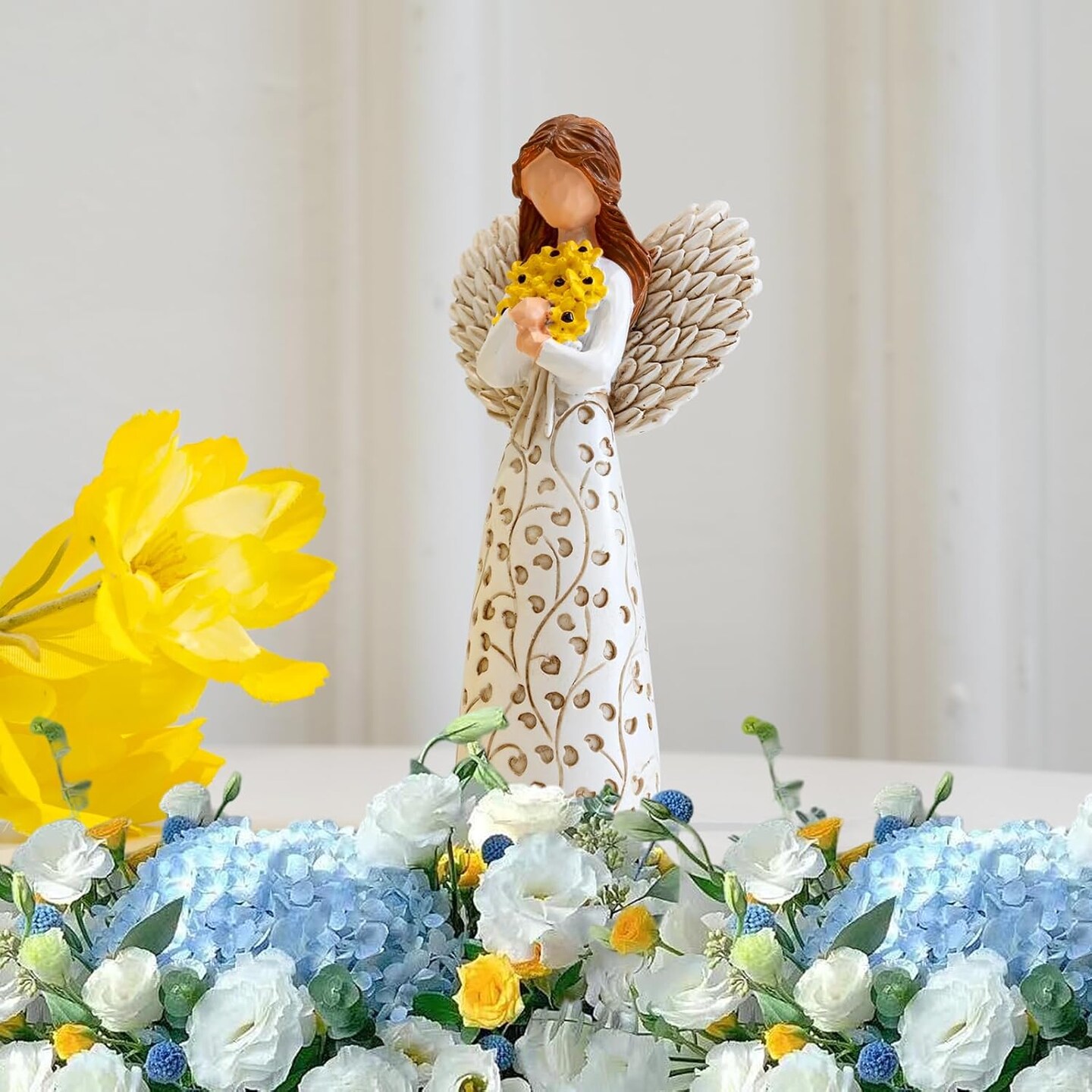 Hand-Painted Angel Figurine – Sunflower & Tree of Life, 5.9" Collectible Gift