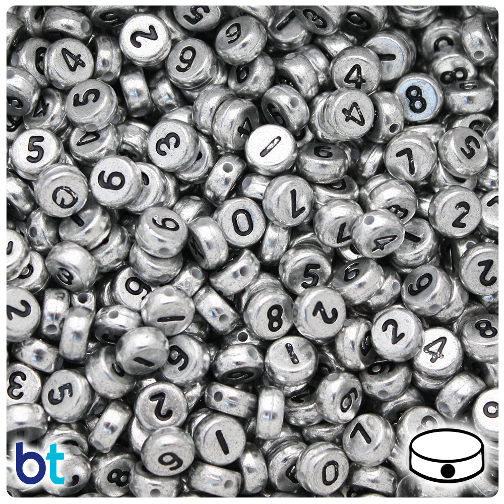 BeadTin Silver Metallic 7mm Coin Plastic Alpha Beads - Black Number Mix (250pcs)