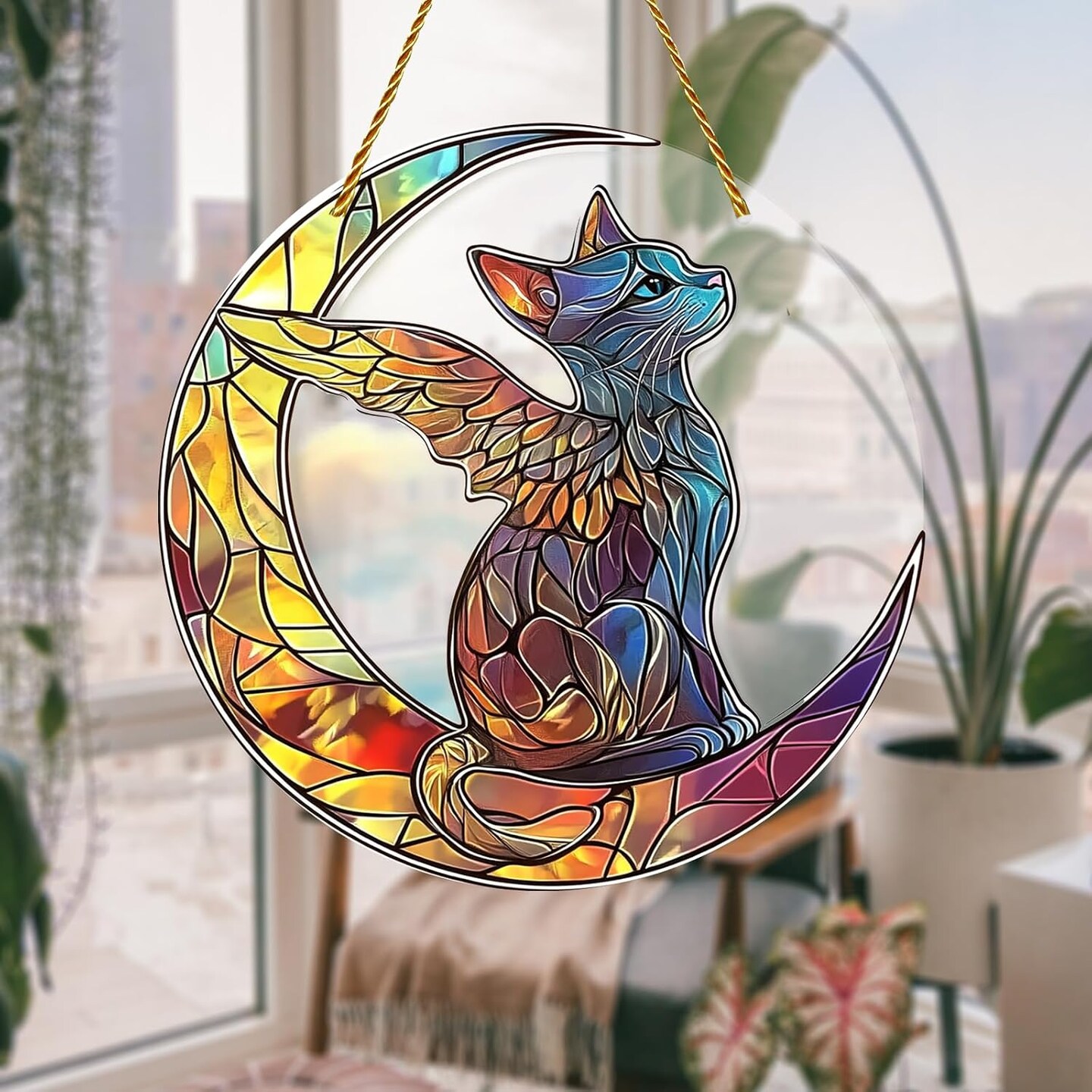 Summer Charming Cat Angel Acrylic Stained Glass Window Hanging Sun Catcher Decor Stained Panel Hangings Wall Art Decor, for Friends and Family (Cat Angel)