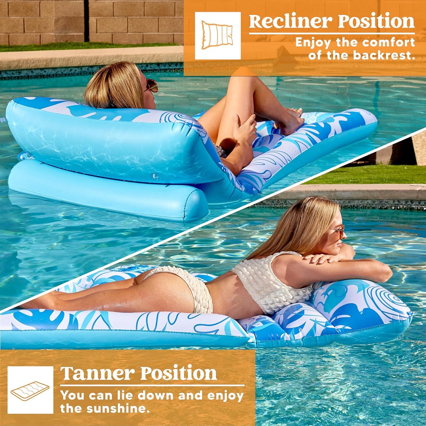 Adjustable Backrest Pool Floats - Tropical Leaves Pool Lounger Floaties Adults with Cup Holders, Inflatable Tanning Float Rafts Chair Beach Lake Lounge