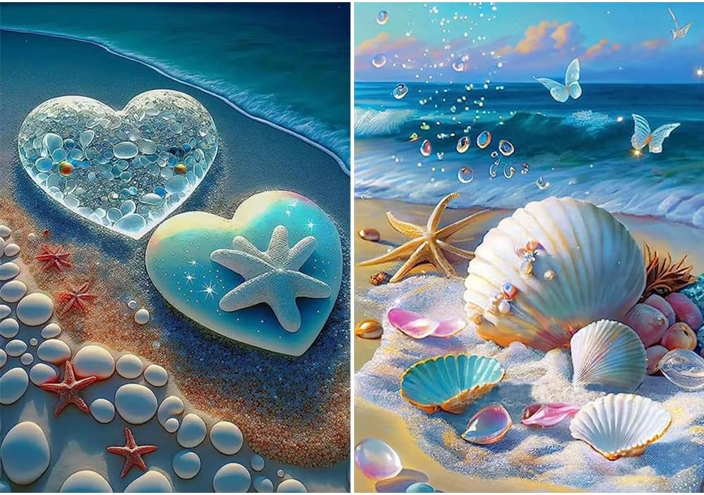 Beach Diamond Art Kits for Adults, 2 Set Beach Love Shell Sea Diamond Art Kits, 5D Full Drill Diamond Art Kit for Adults