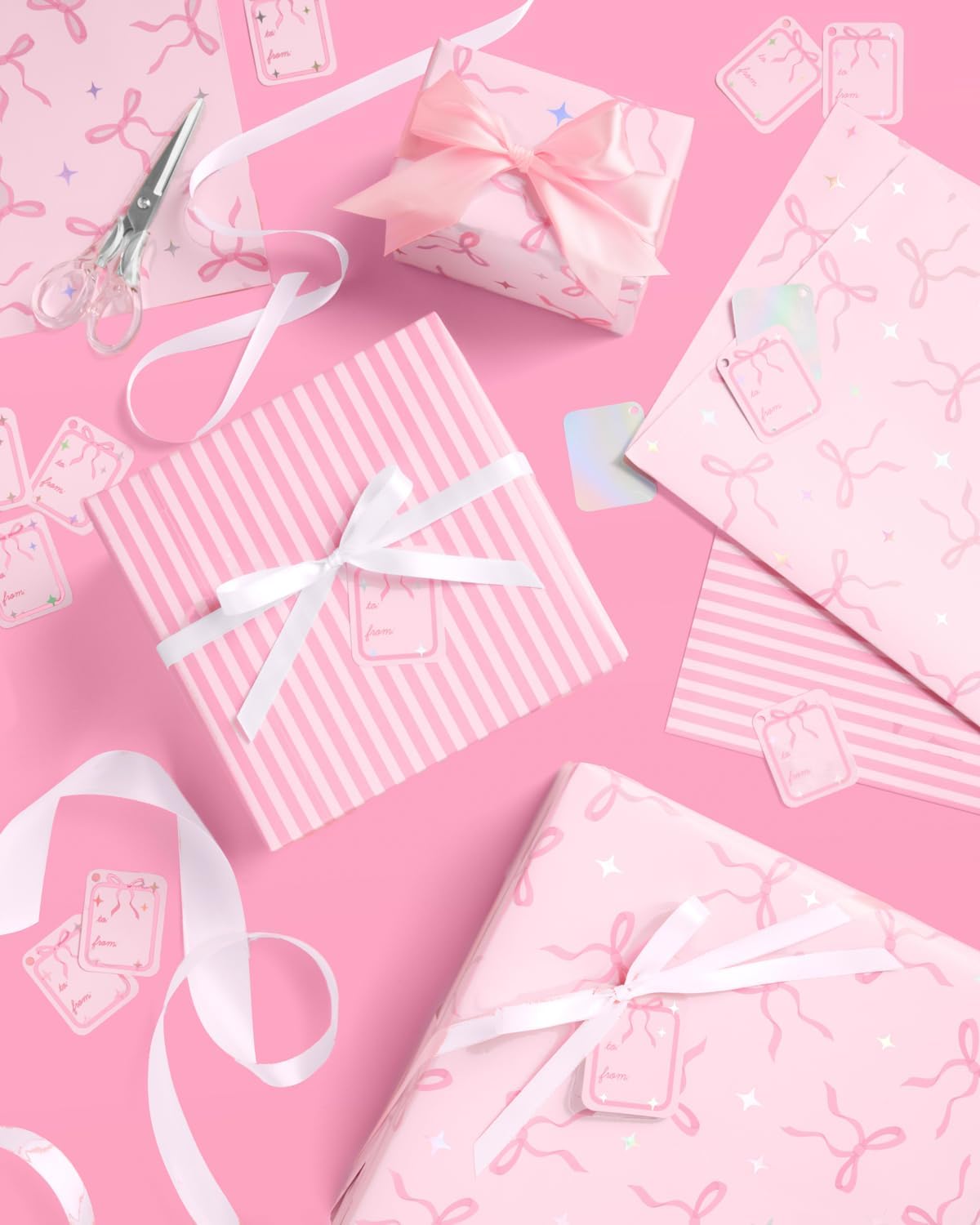 Pink Bows & Stripes Wrapping Paper + Tag Set – 12 Sheets with 16 Gift Tags | Girly Birthday, Bachelorette, Baby Shower & Holiday Gift Wrap (Pink)