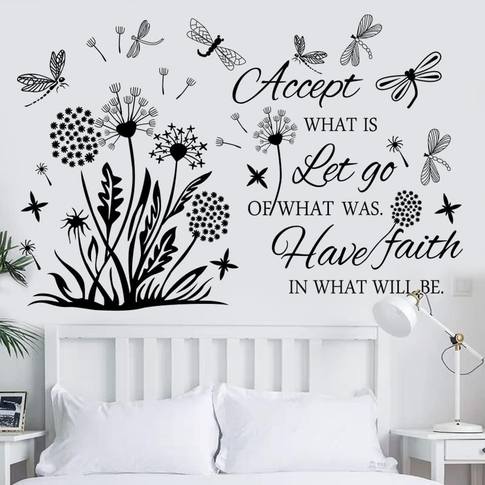Inspirational Wall Decals – “Accept, Let Go, Have Faith” Dandelion Flower Stickers for Bedroom, Office & Bathroom