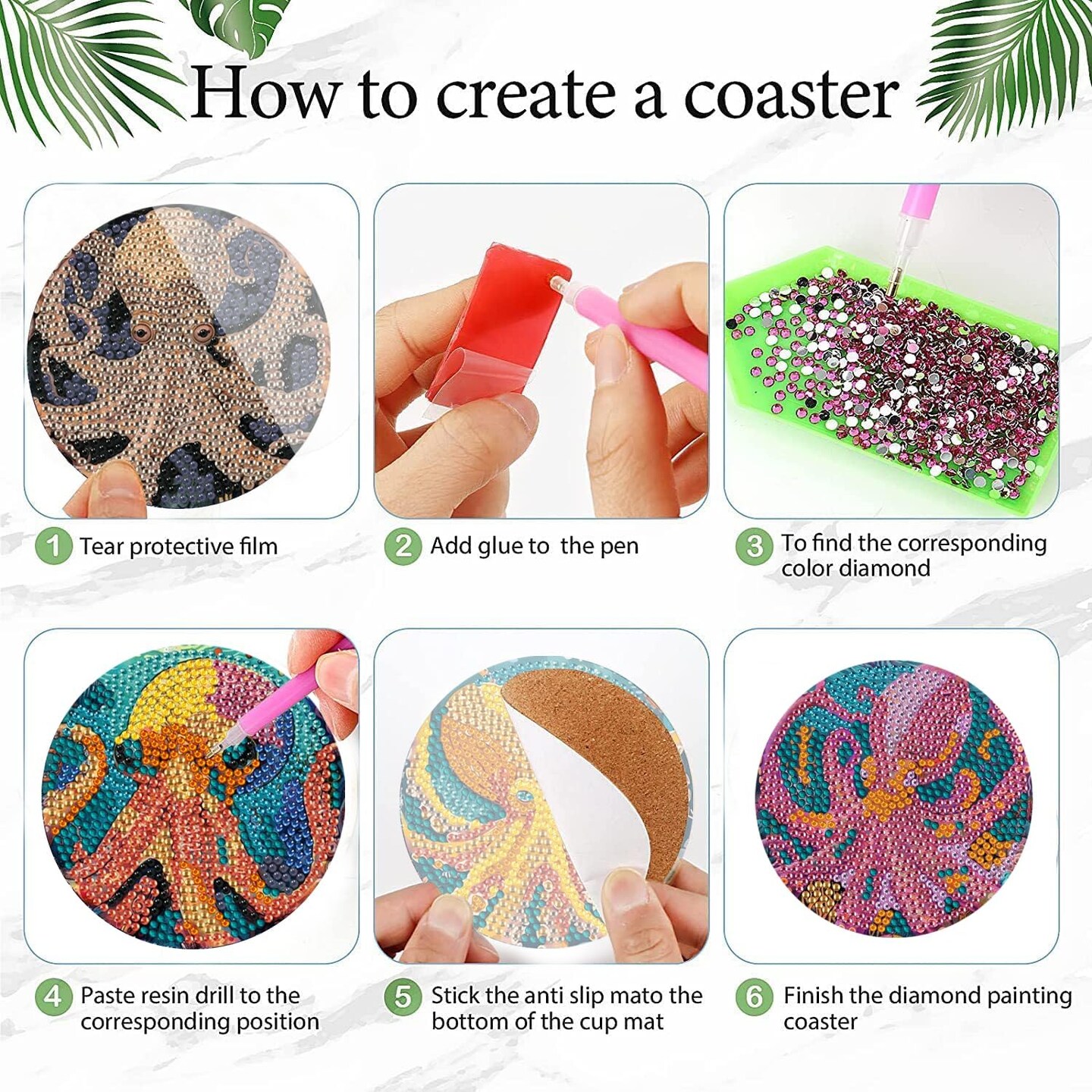 Diamond Art Coasters Set of 6, Small Diamond Painting Kits for Adults Beginners, Cork Coaster for Drinks Gem Art Coasters with Holder Home Decor for Octopus