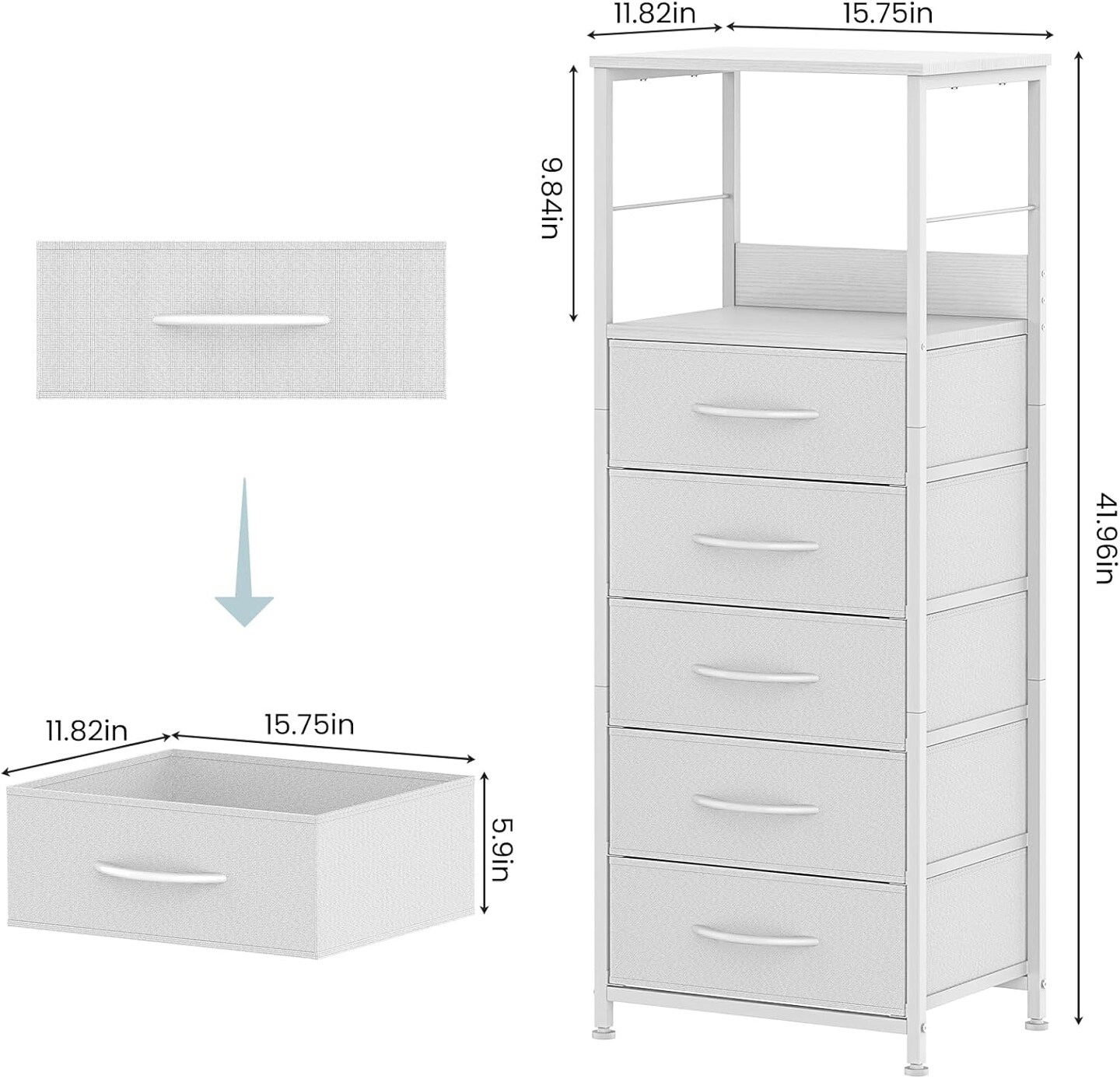 5-Drawer White Fabric Dresser &#x2013; Sturdy Metal Frame &#x26; MDF Top, Tall Clothes Organizer with Adjustable Feet, Space-Saving Storage for Bedroom, Nursery, Entryway
