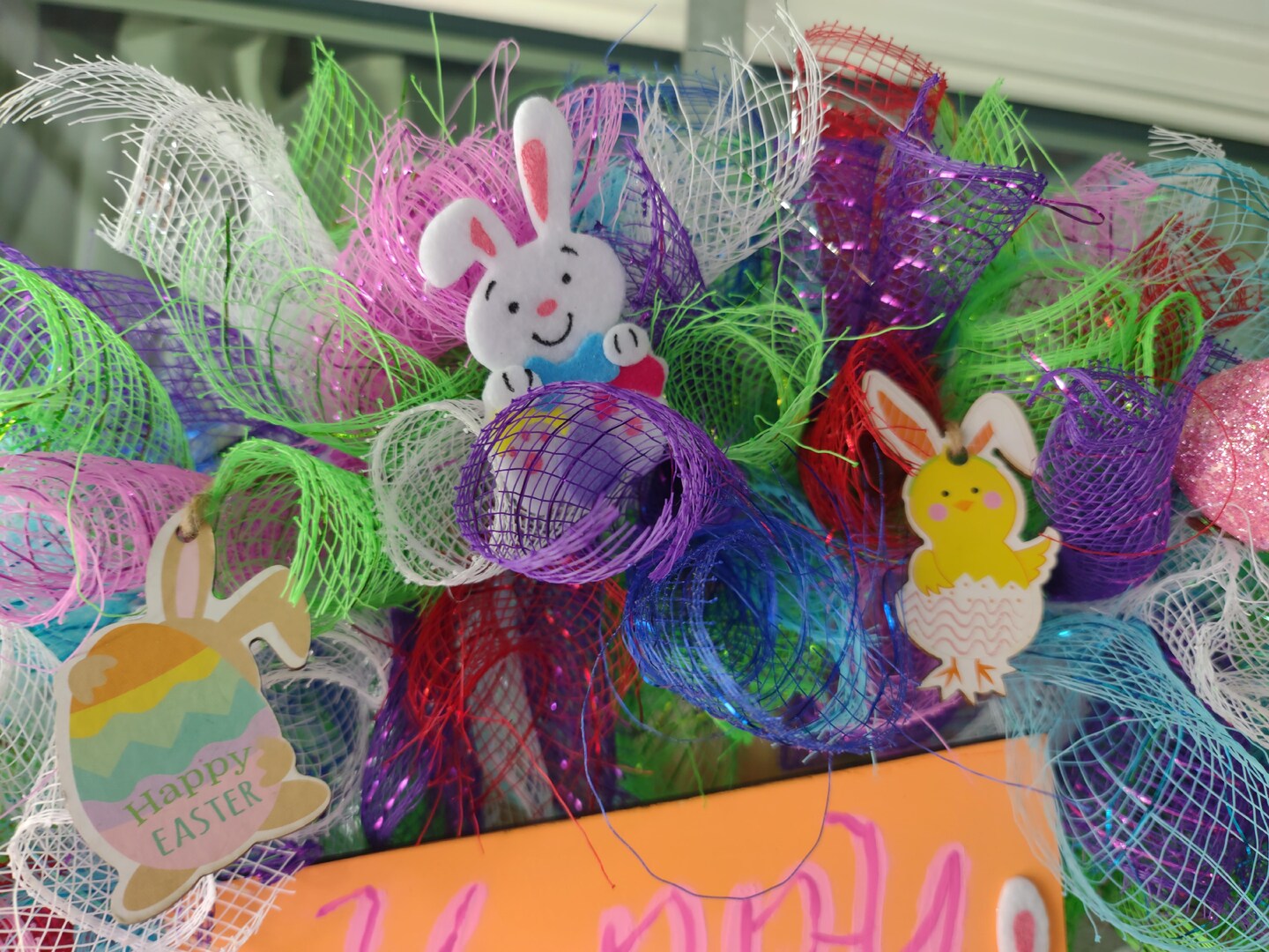Whimsical Multi-Color Deco Mesh Easter Wreath 16 in. | MakerPlace