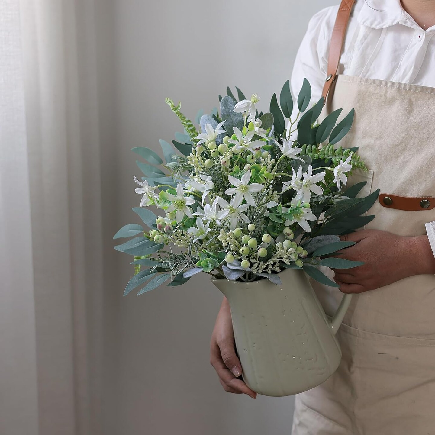 70 Pcs Artificial Greenery Stems Box Set,with 8 Kinds of Faux Plants and Fake Flowers for DIY Bridal Bouquets Wedding Floral Arrangement Table Centerpieces Decoration (Sage Green & White)