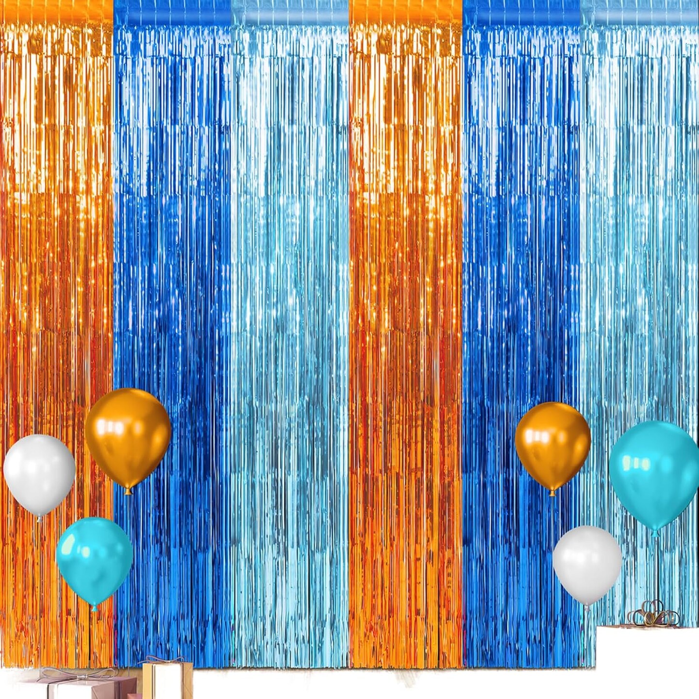 3 Pack 3.3X6.6Ft Blue Dog Foil Fringe Curtains Backdrop Decorations, Orange Blue and Light Blue Birthday Party Tinsel Metallic Streamers Photo Booth Background for Blue Dog Theme Party Supplies