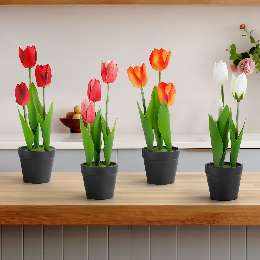 4-Pack Mini Artificial Tulip Plants &#x2013; Vibrant 4-Color Faux Tulips in Pots for Indoor/Outdoor Decor, Small Fake Flowers for Home, Office, or Garden