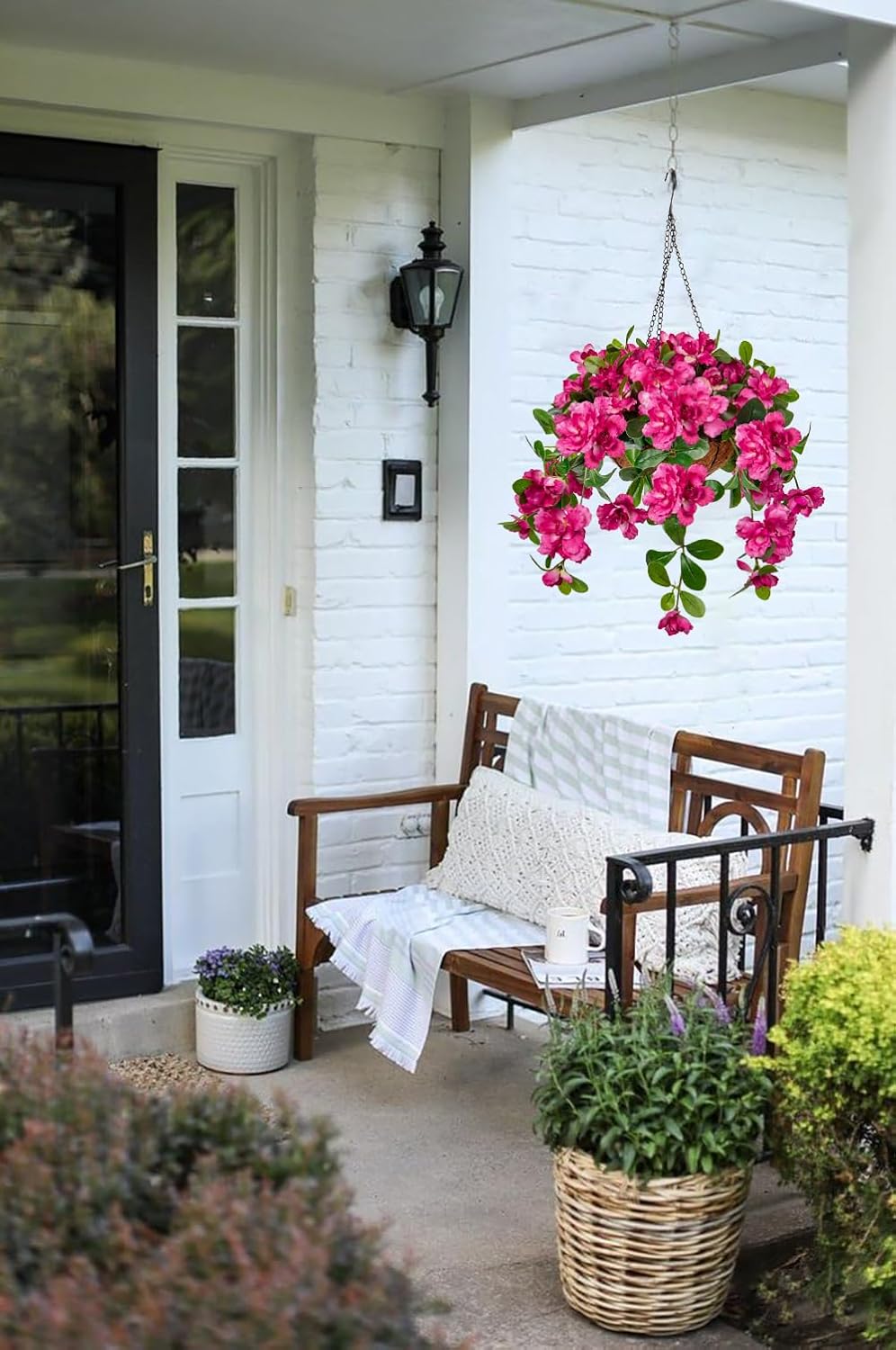 Fake Hanging Flowers with Basket – Artificial Bougainvillea Silk Plants, Hot Pink Faux Flowers for Outdoor Front Porch, Patio, Garden, and Balcony Décor