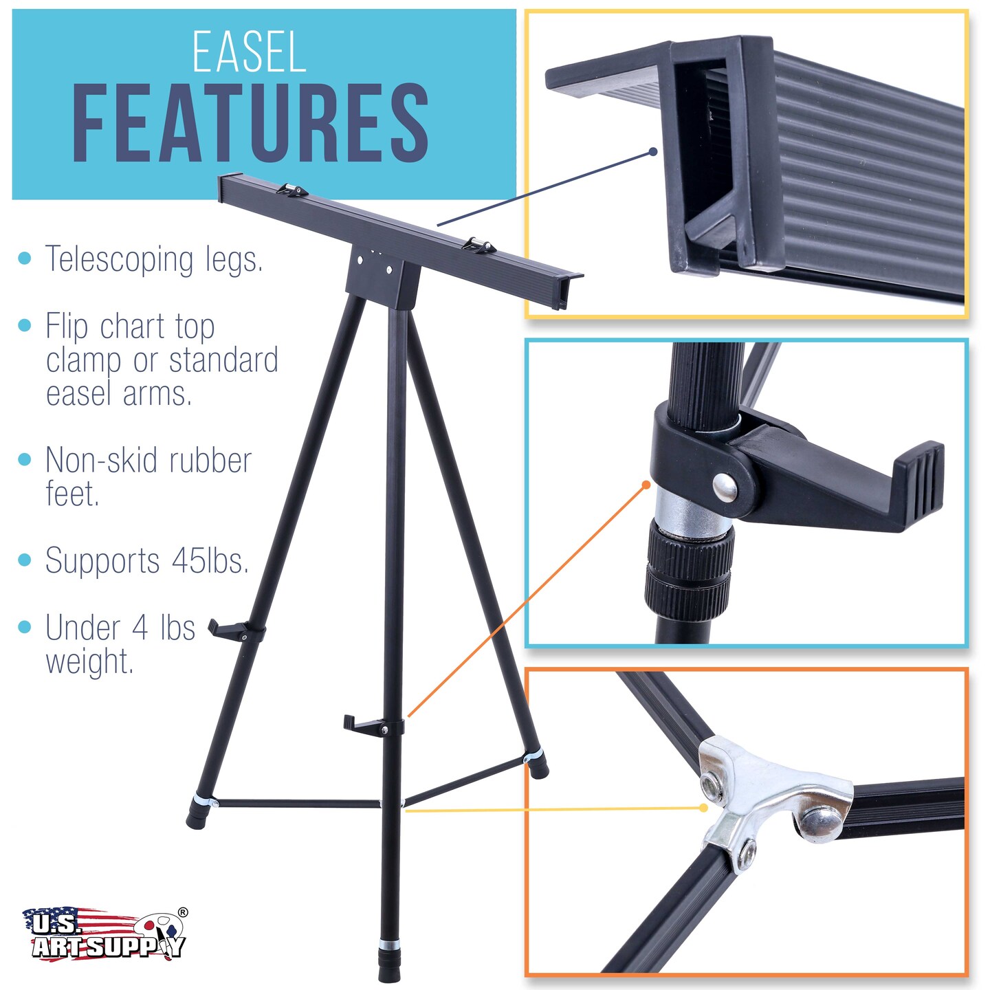 70&#x22; High Boardroom XL Black Aluminum Flip Chart Easel &#x26; Presentation Stand - Adjustable Floor/Tabletop, Portable Tripod, Holds 45 lbs, for Chart Paper, Poster Boards, &#x26; Pads