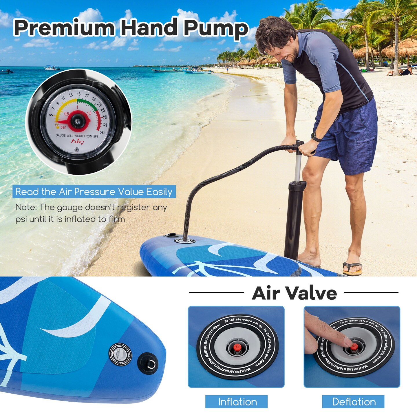 Blue Inflatable SUP Board Drop Stitch PVC EVA Aluminum Alloy Paddle Adjustable Length