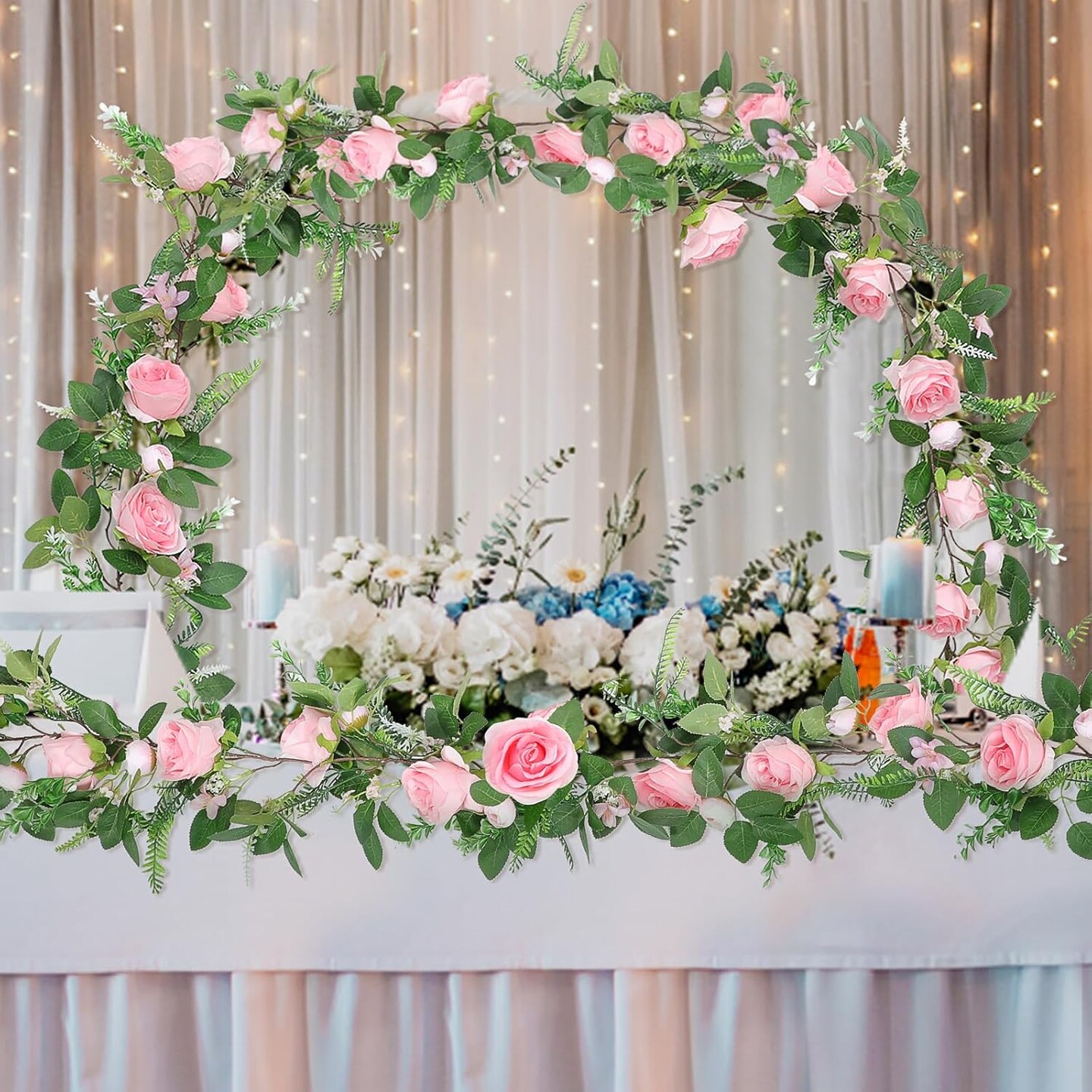 Full Pink Flower Garland, 6.2FT Artificial Rose Floral Vine Pretty Spring Pink Flower Garland for Wedding Arch Decor Home Backdrop Wall Table Centerpiece Valentines Decoration