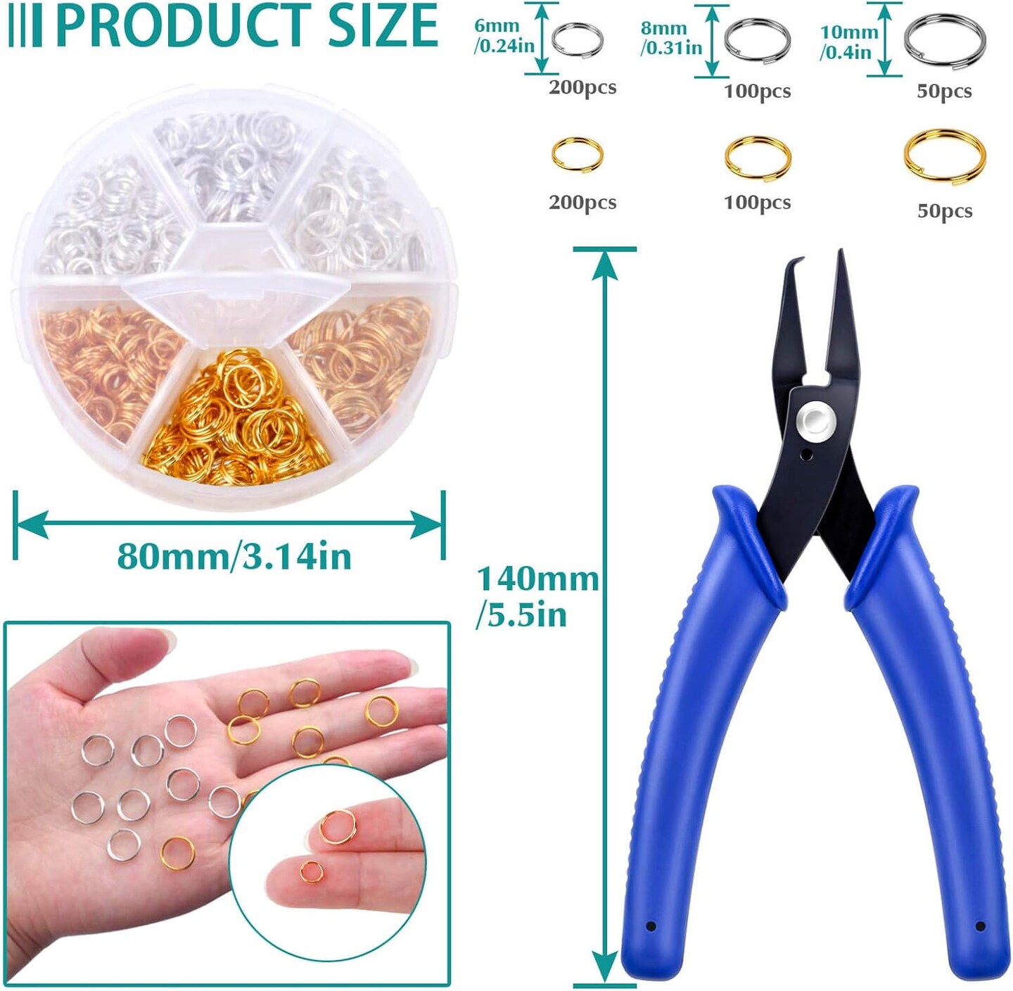 Split Rings for Jewelry Making, Caffox 700pcs Small Split Ring with Split Ring Pliers, Double Closed Jump Rings Craft Jump Loops Opener for Necklaces and Bracelets