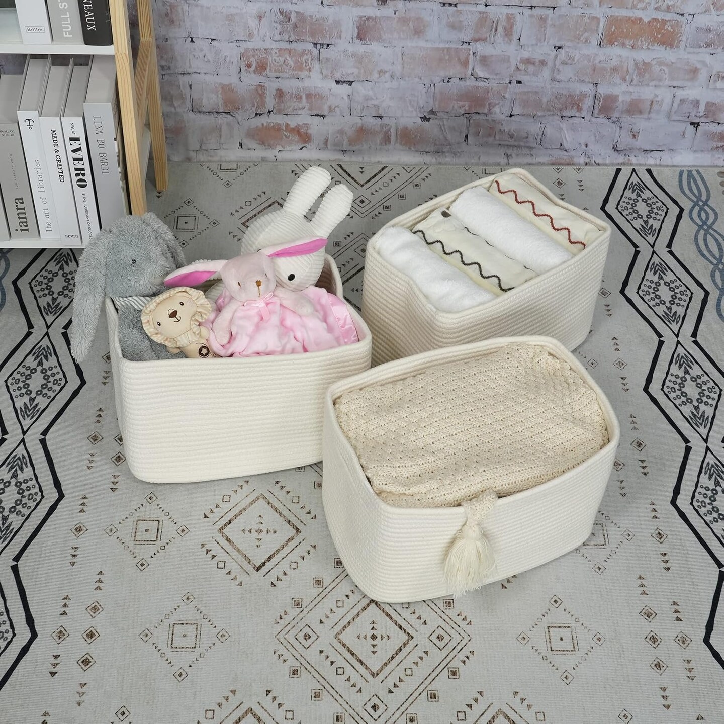 Summer Cotton Rope Storage Basket Bins Woven Basket for Organizing Shelves Rectangle Decorative Baskets For storage Clothes Toys Books Towels Square Wicker Nursery basket organizer 3 pack white