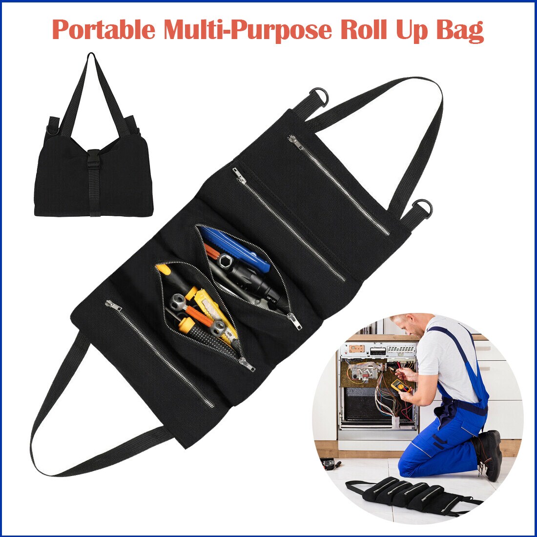 Portable Multi-Purpose Roll-Up Tool Organizer Bag - Heavy-Duty Waterproof Waxed Canvas Wrench Roll with Zippered Pockets &#x26; Buckles for Tools, Survival Kits, and DIY Supplies (Black)