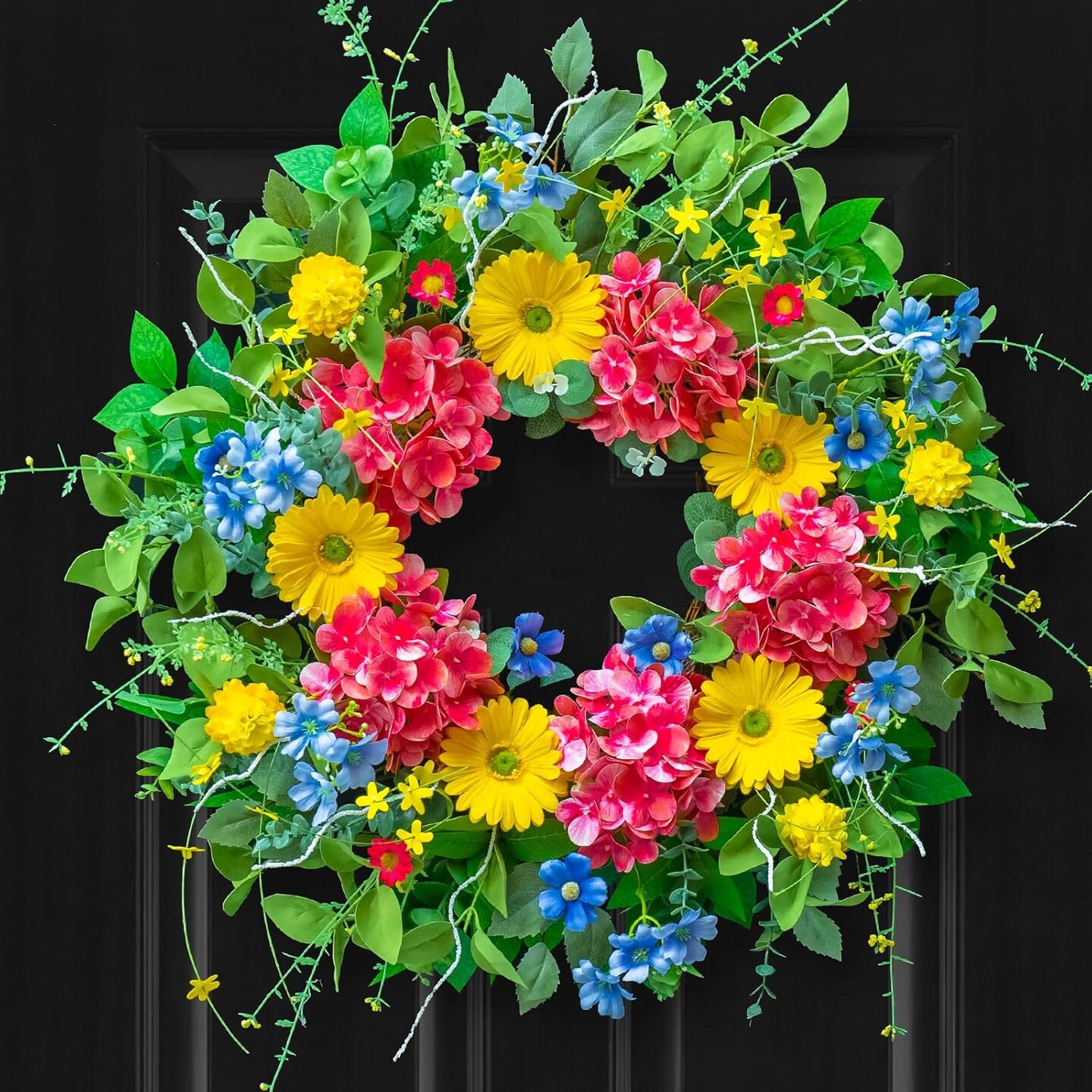 24 Inch Summer Wreaths for Front Door Summer Wreath with Vibrant Dahlia, Gerbera Daisy &#x26; Primula Floral Arrangement - All Seasons Summer &#x26; Spring Door Wreath for Outside Decor