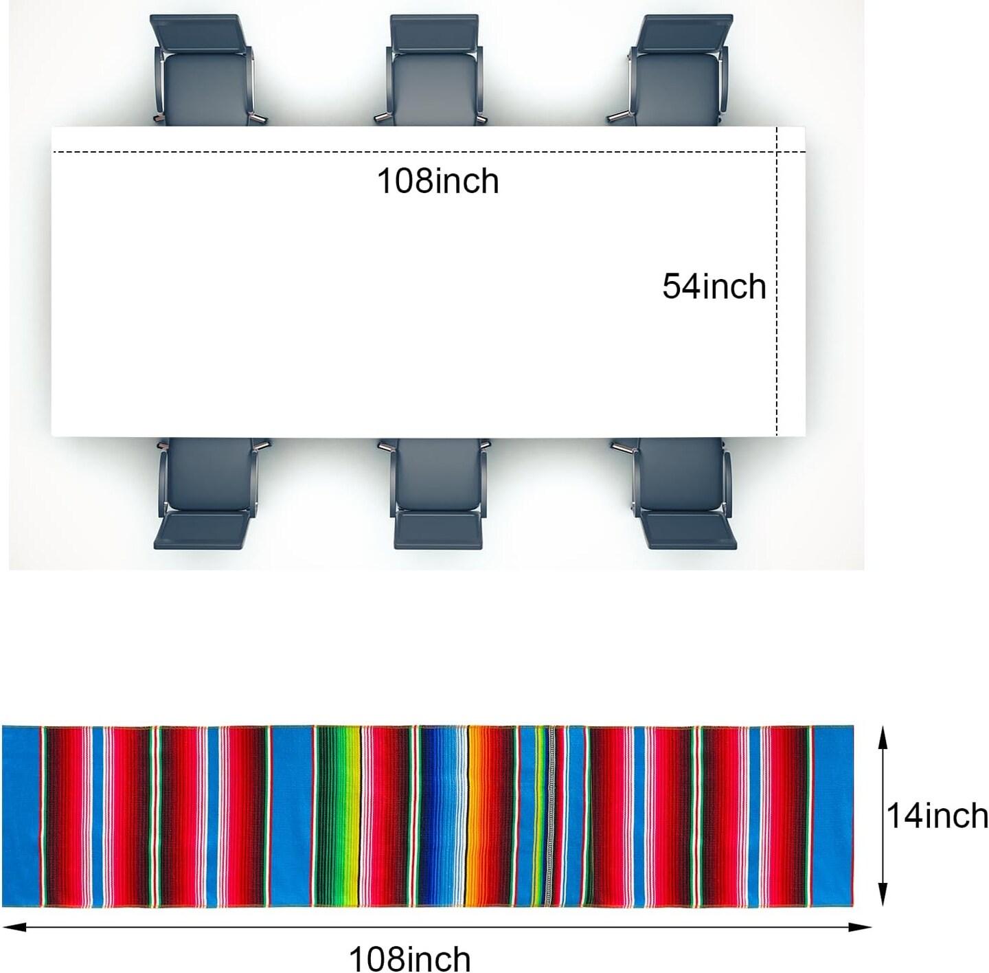 12-Pack Mexican Table Runner & Tablecloth Set 108x54in – Serape Runner & Disposable Tablecloth (White)