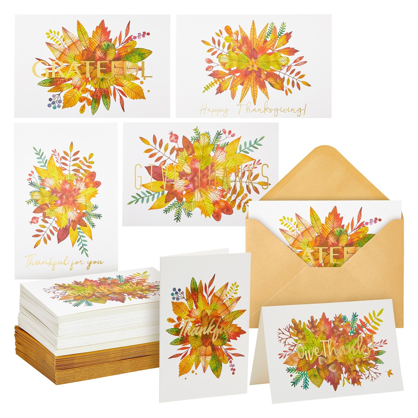 48-Pack Thanksgiving Greeting Cards with Kraft Envelopes, 6 Fall Designs, Blank Inside, 4x6 Inch Bulk Thank You Cards with Envelopes, Happy Thanksgiving Cards