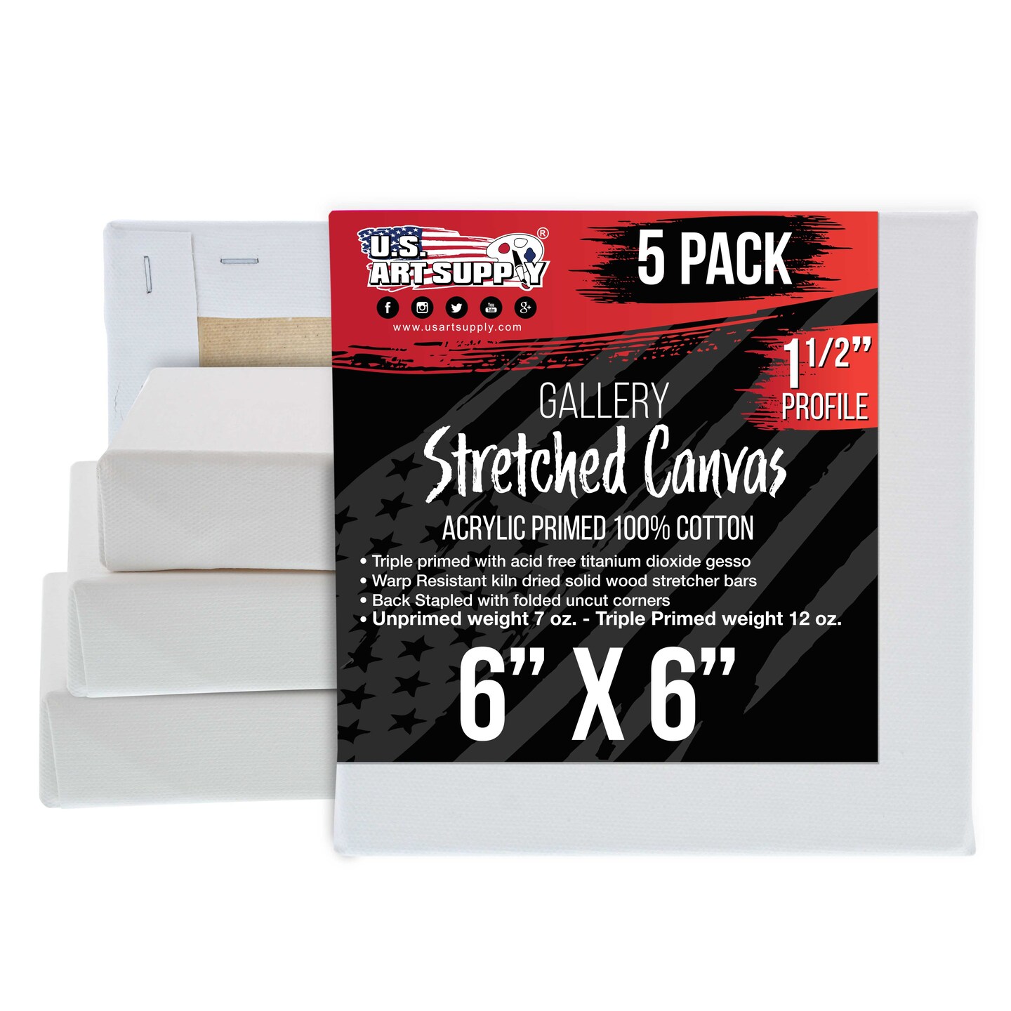 Square Stretched Canvas for Painting 6x6 inch Gallery Depth 1-1/2&#x22; Thick, 5-Pack - 12oz Acrylic Gesso Triple Primed, Professional Artist Quality, 100% Cotton - Pouring, Oil Paint