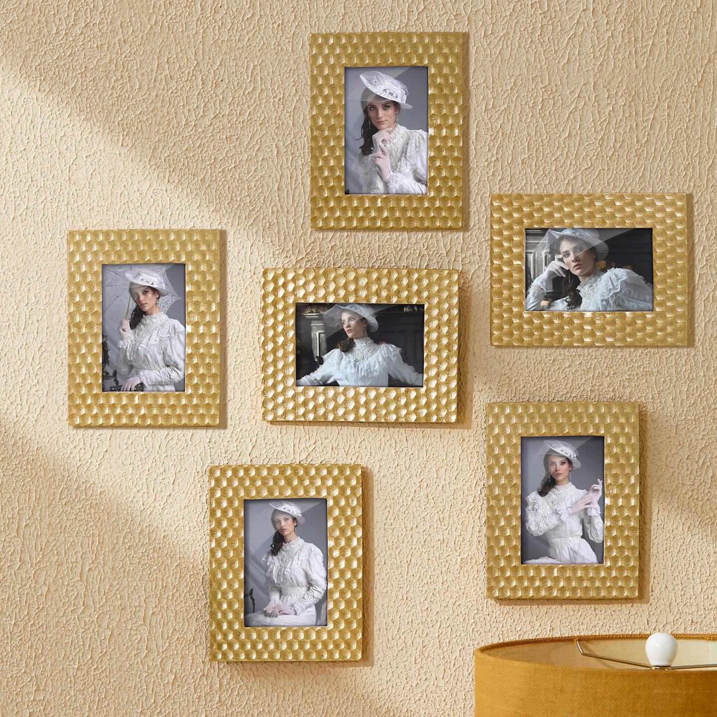 Set of 6 Gold Honeycomb Resin Wall or Tabletop Picture Frames-4X6