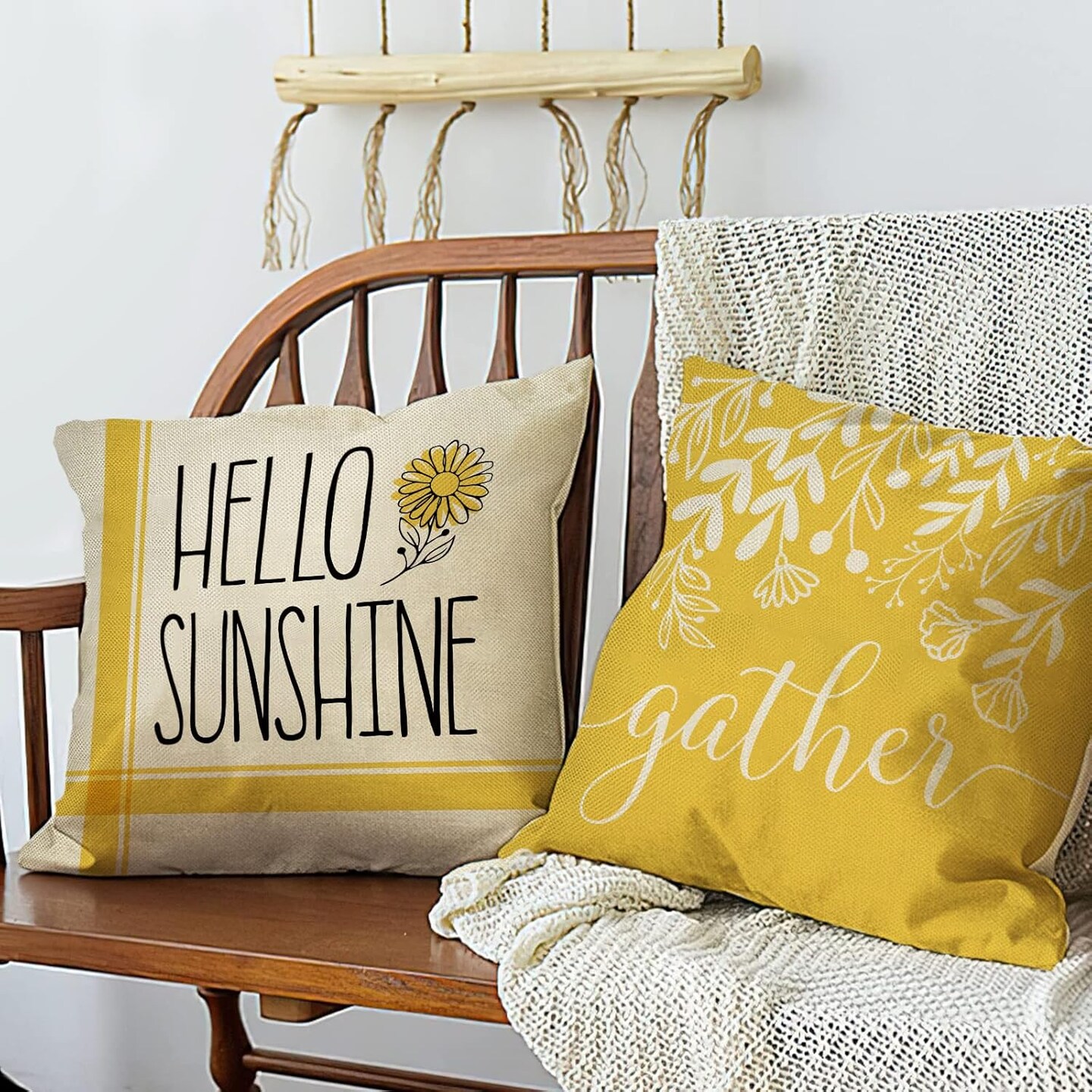 Hello Sunshine Decorative Throw Pillow Cover 20 x 20 Set of 4, Spring Summer Yellow Daisy Floral Flower Porch Patio Outdoor Pillowcase, Just Bloom Gather Sofa Couch Cushion Case