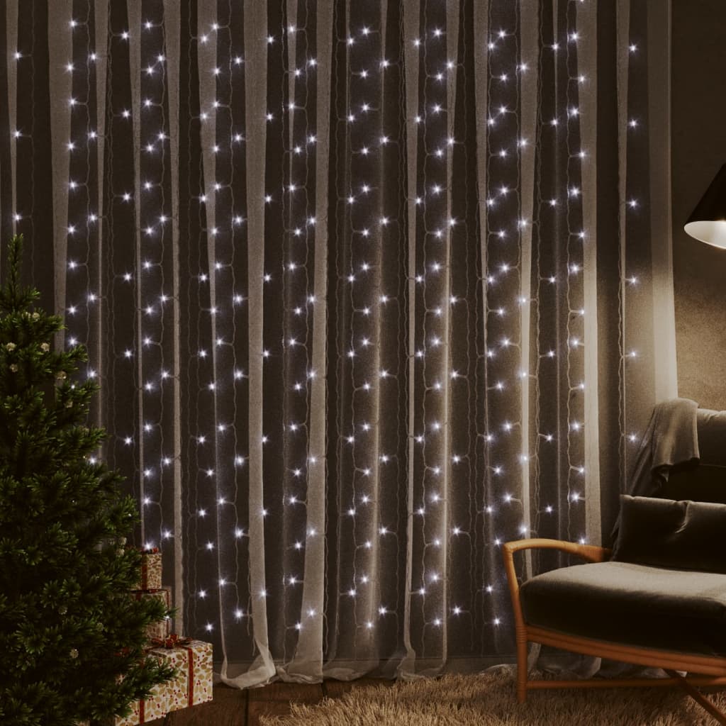 vidaXL 9.8&#x27;x9.8&#x27; Indoor &#x26; Outdoor LED Curtain Fairy Lights with 300 Cold White LEDs, 8 Lighting Modes, Energy-Saving, USB Connection, Waterproof for All Festive Events