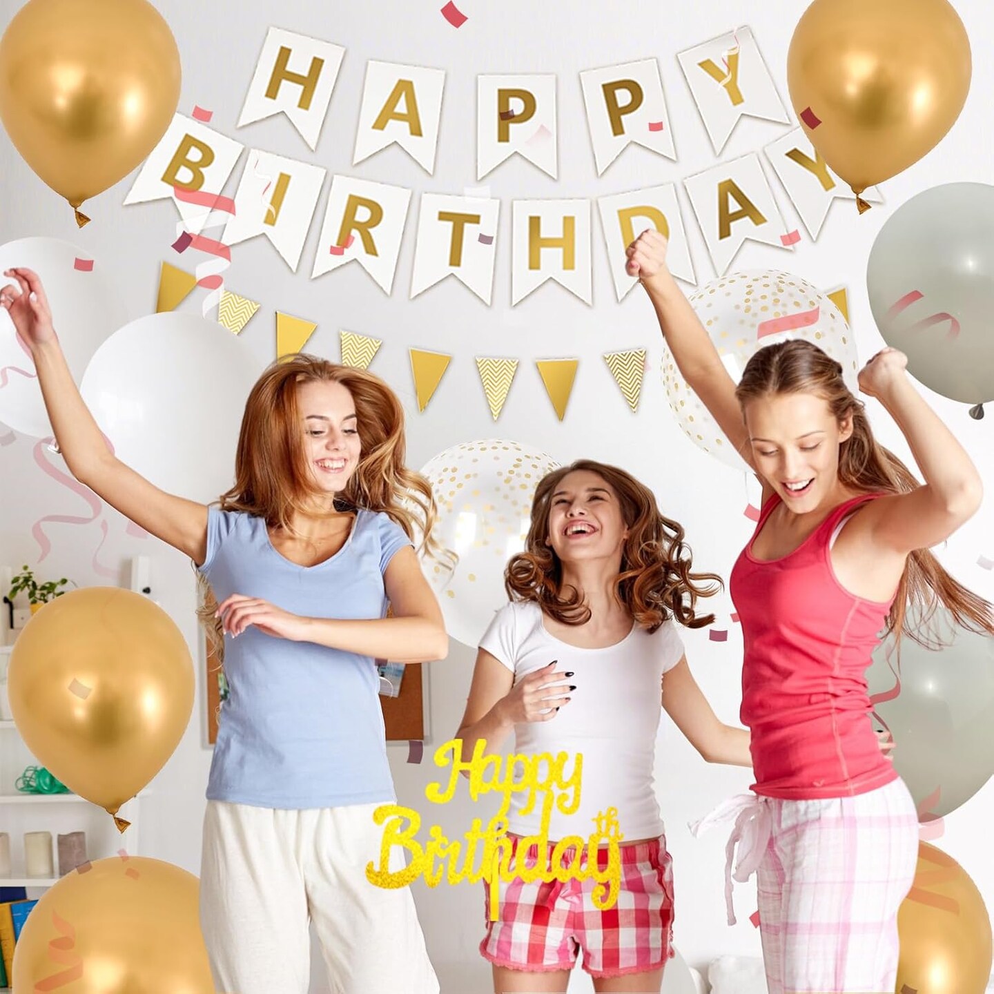 White Gold Birthday Decorations, White Cream Sand Beige Happy Birthday Decorations With Latex Helium Balloon Champagne Fringe Curtain Cake Topper Triangle Flag Banner For Girl Woman Party Supplies