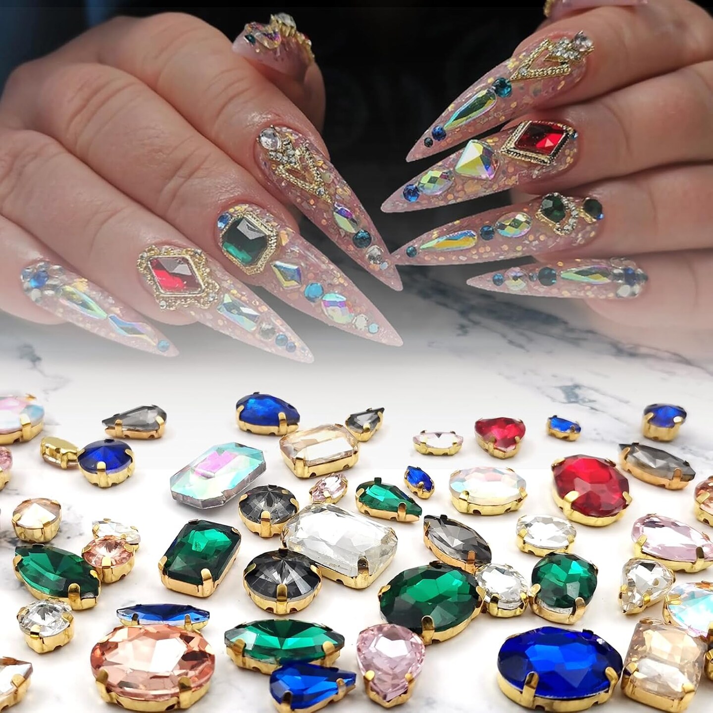 Rhinestones for Crafting, 50pcs Sew on Rhinestones Flatback Crystal Rhinestones Mixed Shapes with Metal Claw for Craft Clothes Jewelry Shoes Bags DIY Decoration (White)