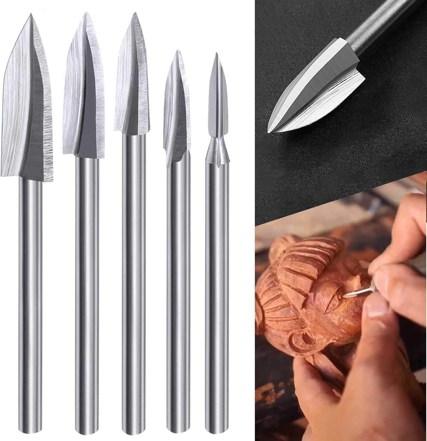 Wood Carving Tools, 5 PCS HSS Engraving Drill Bit Set Wood Crafts Grinding Woodworking Tool 1/8&#x201D; Shank Universal Fitment for Rotary Tools