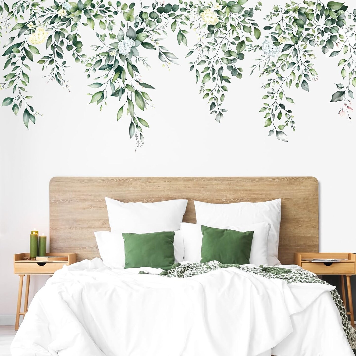 Green Leaves Wall Decor Hanging Vine Flower Wall Stickers Floral Wall Decals Plant Wall Art Spring Home Decorations for Living Room TV Background Nursery Girls Bedroom Office Classroom