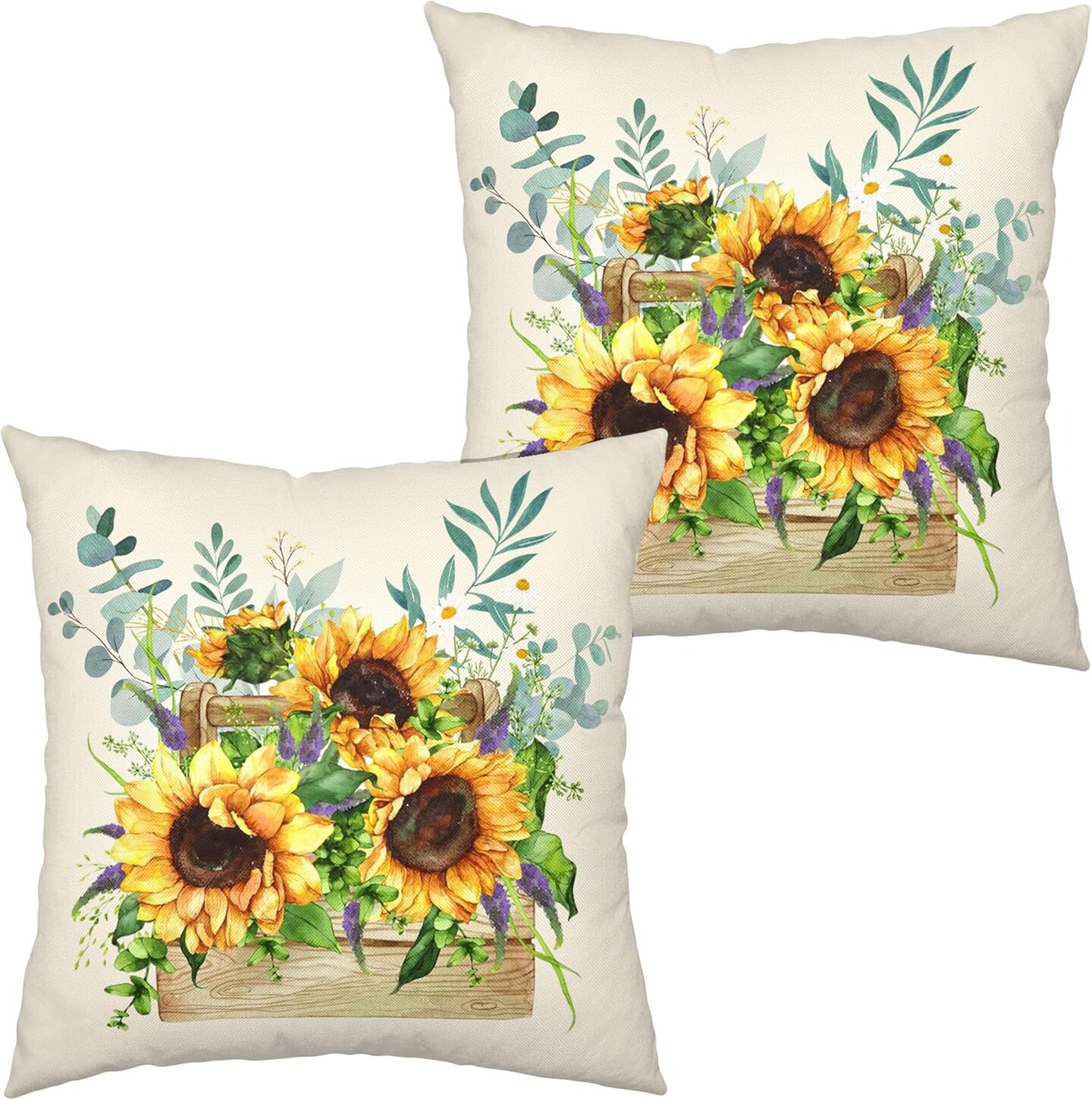 Sunflower Daisy with Purple Floral Throw Pillow Covers Spring Summer Flowers Pillow Case 22x22 Cotton Linen Square Farmhouse Cushion Case for Living Room