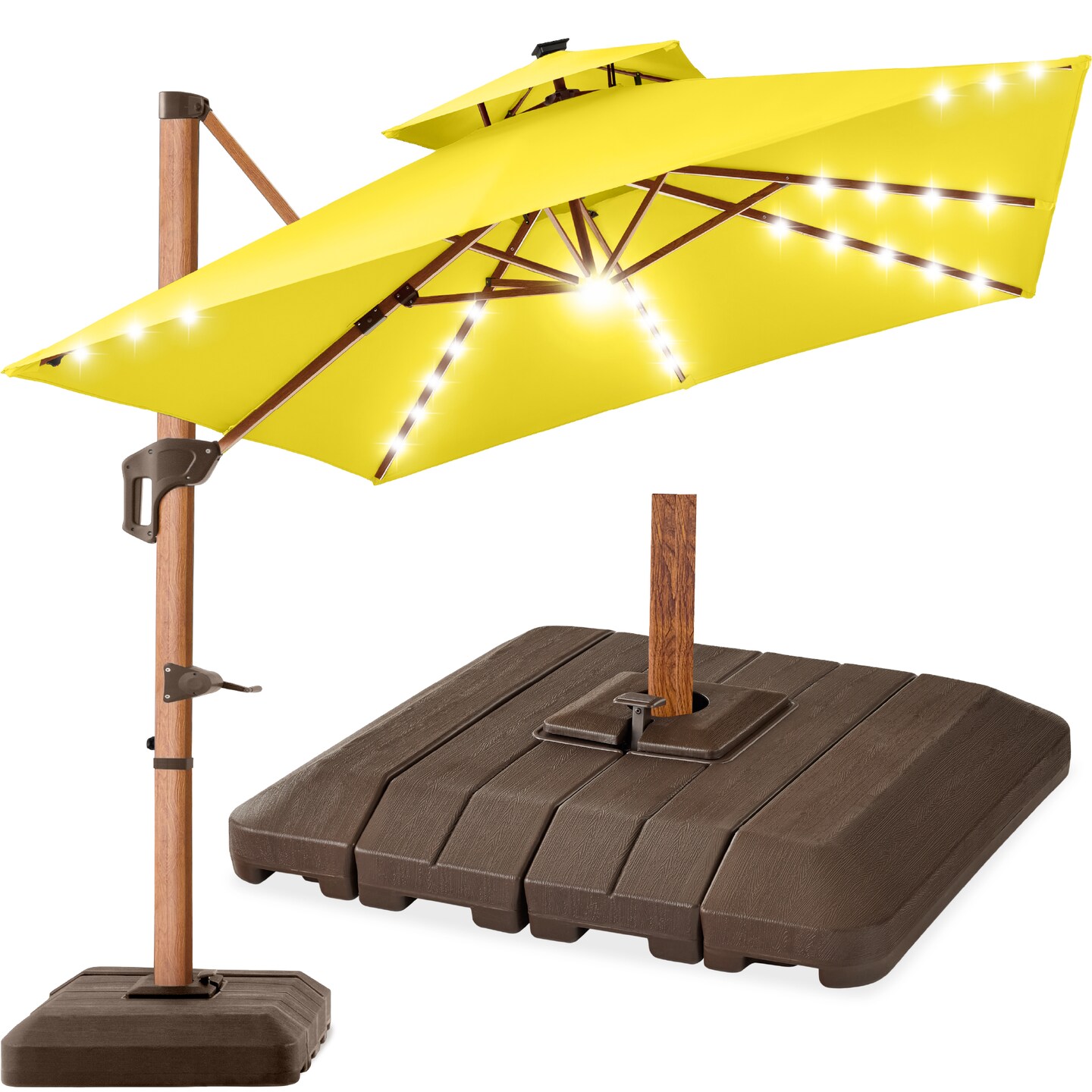 Best Choice Products 10ft Square Woodgrain Pattern 2-Tier Outdoor Solar LED Cantilever Umbrella w/ Base
