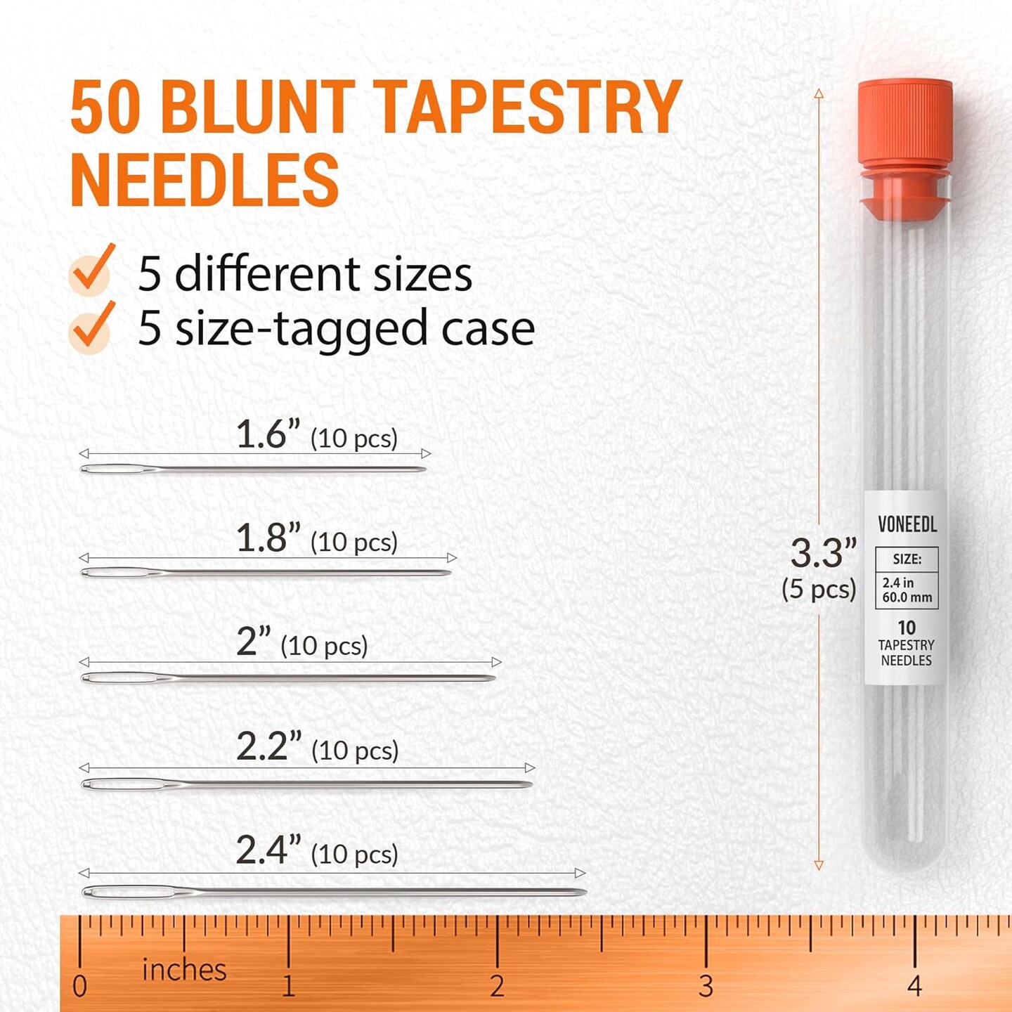 Large Eye Blunt Tapestry Needles (Pack of 50) - 5 Sizes with 5 Storage Tubes - Perfect for Darning, Embroidery, Cross-Stitching, Needlepoint, Crafting, Knitting, Weaving, and DIY