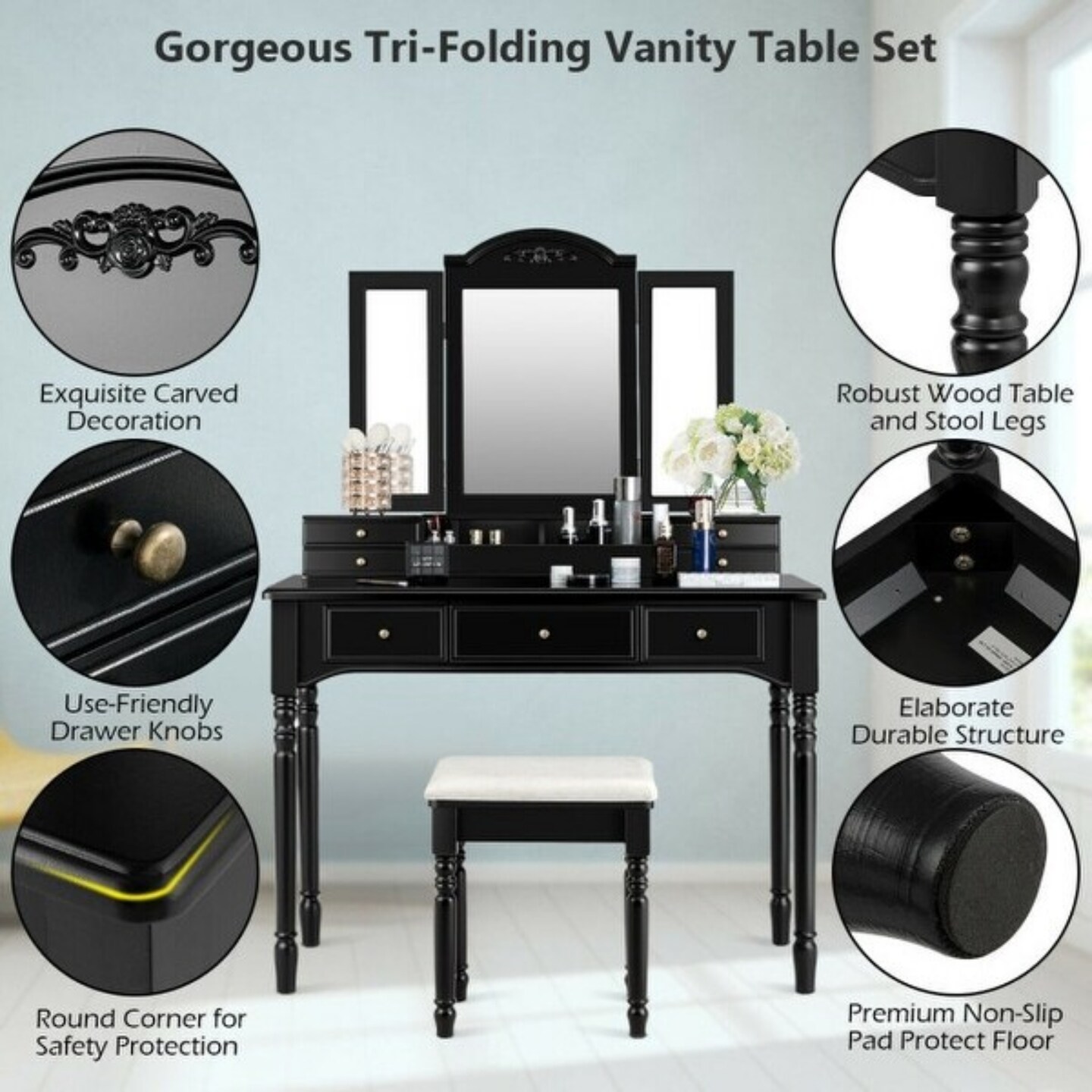 Makeup Dressing Table with Tri-Folding Mirror and Cushioned Stool Perfect for Women