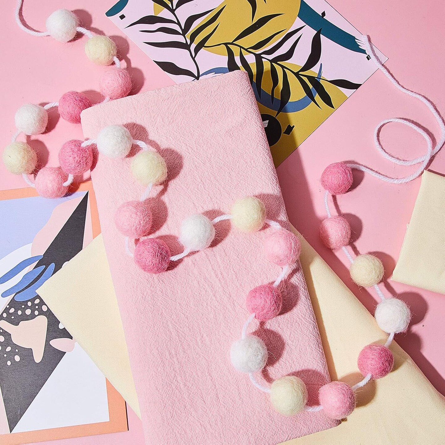 2 Pieces Wool Felt Rainbow Ball Garland Colorful Pom Pom 6.5 ft Long 24 Ball Garland for Easter Mardi Gras Halloween Thanksgiving Xmas Black History Month (Pink,Light Pink,Beige,White)