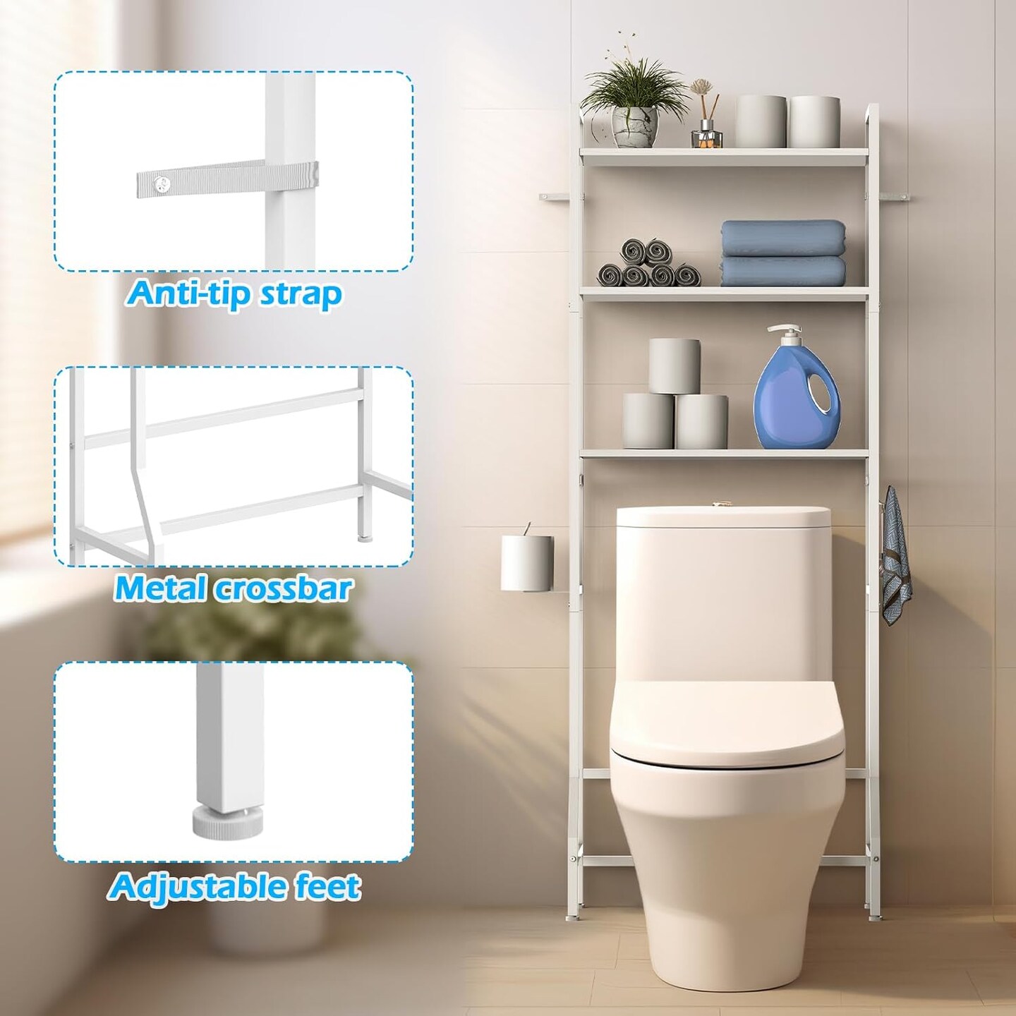 3-Tier Over-The-Toilet Storage Shelf with Adjustable Feet | Anti-Tip Bathroom Organizer | White Scandinavian-Style Space-Saving Shelf for Bathroom, Laundry Room