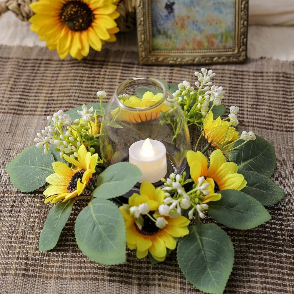 Summer Candle Ring Sunflower Mini Wreath Artificial Flowers Wedding Centerpieces 10&#x22; for Home Garland Tabletop Farmhouse Rustic Country Party Decor