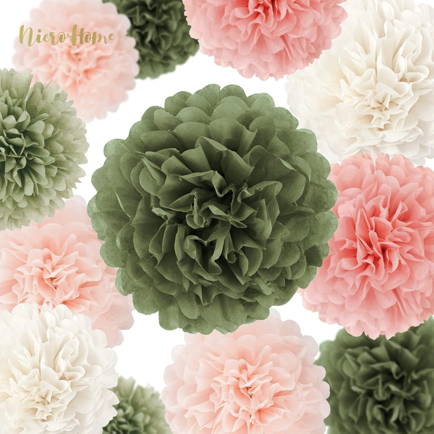 Bridal Shower Decorations, 12 PCS Pink Moss Sage Green Tissue Paper Pom Poms Paper Flowers for Boho Neutral Baby Shower Wedding Engagement Birthday Spring Summer Party Decorations