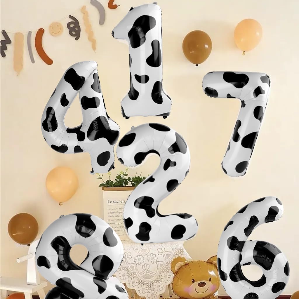 Balloons Number 6th Birthday Balloon for Boy Girl, 40 Inch Black White Cow Print Large 6 Foil Mylar Foil Balloon Helium Number Balloons Animal Farm Cowboy Cowgirl Themed Party