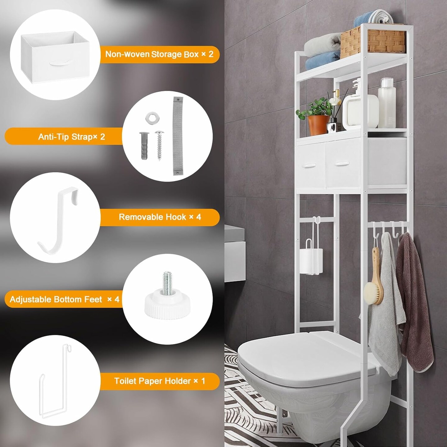3-Tier Over-The-Toilet Storage Cabinet with Fabric Drawers &#x2013; Freestanding Bathroom Organizer with 4 Hooks &#x26; Toilet Paper Holder, White Space-Saving Shelf